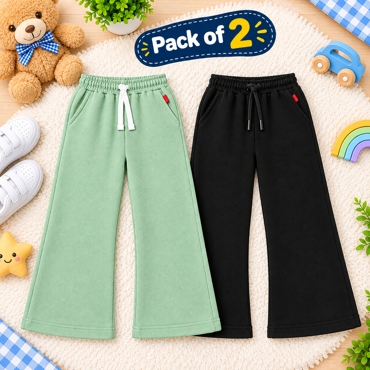 Winter Fleece Trousers for Kids – Pack of 2 | Warm & Cozy Wide-Leg Drawstring Pants (06)