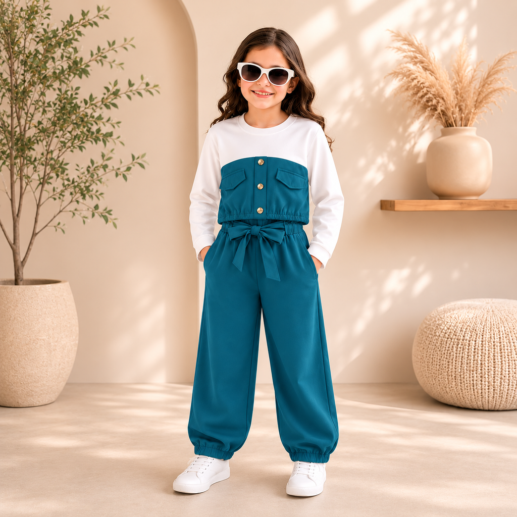 Girls Chic Colorblock Jumpsuit – Teal Green