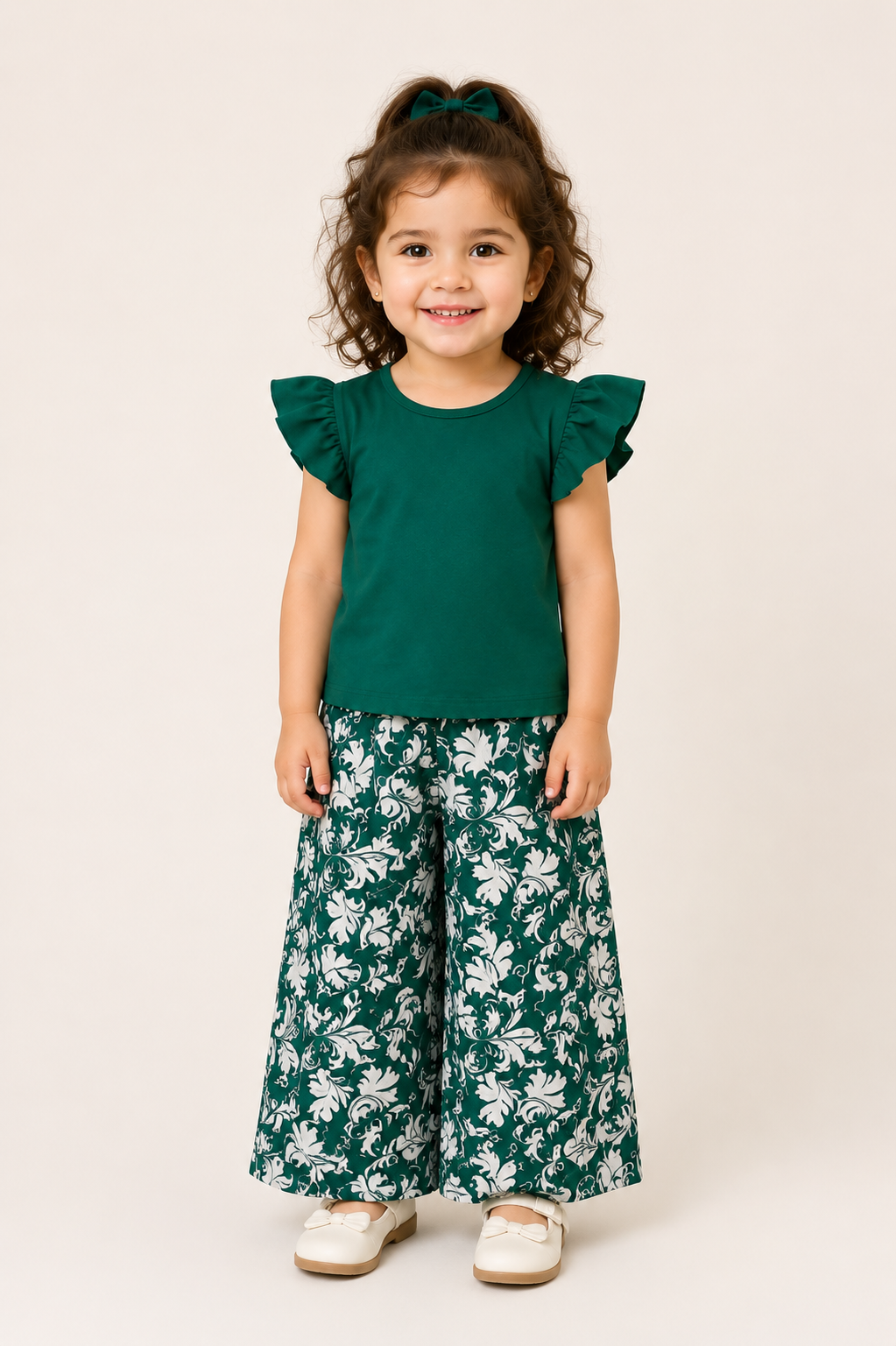 Plain Green T-shirt With Floral Printed Trouser Kid Suit