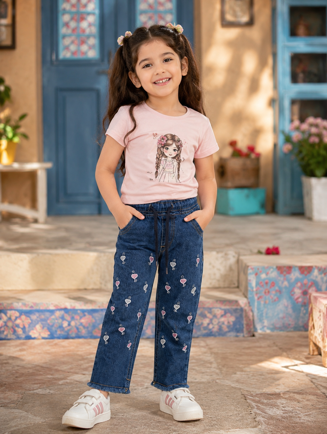 A young girl with brown pigtails stands on a stone patio in front of a rustic blue door, wearing a light pink graphic t-shirt, blue denim jeans with small pink floral prints, and white sneakers.