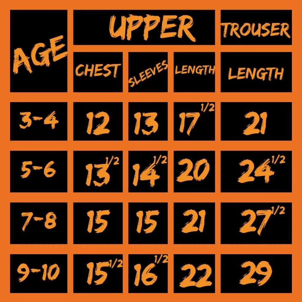 A size chart grid for children's upper trousers, with black panels outlined in orange and orange text showing age ranges and measurements for chest, sleeves, length, and trouser length.