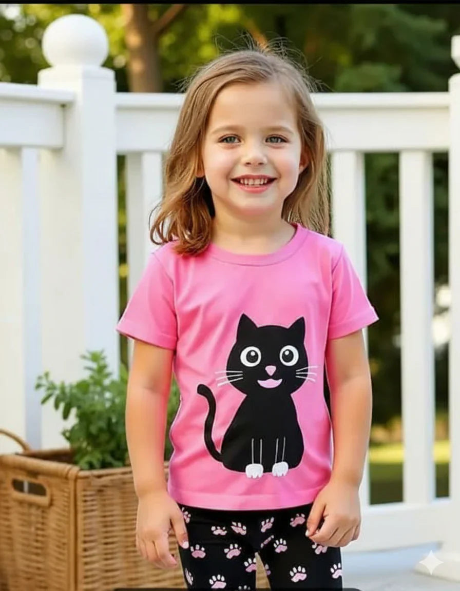 Pink With Black Cat Printed Half Sleeves T-shirt With Black and White Dotted Pajama