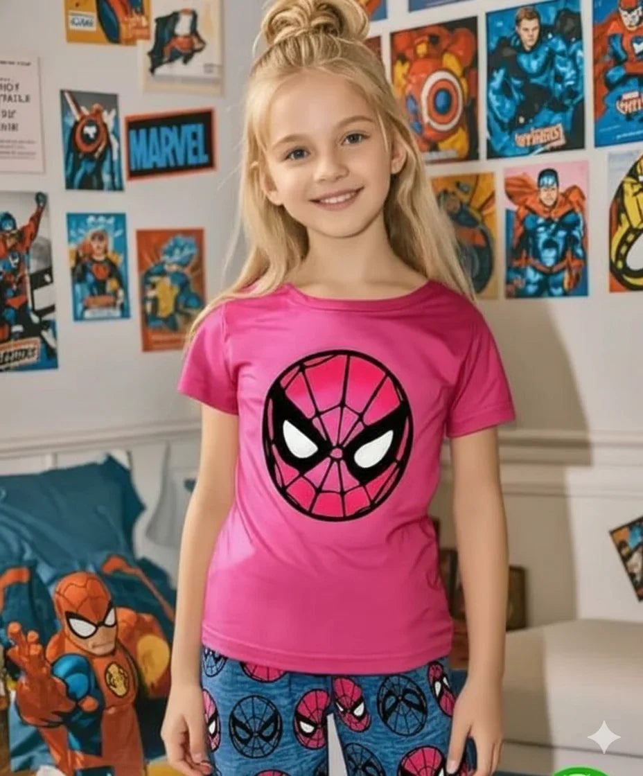 Shocking Pink Spider Girl Printed Kids Suit