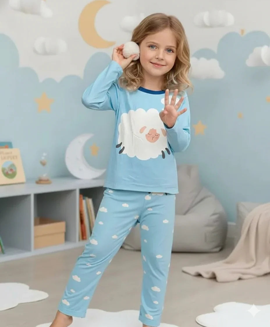 Sky Blue With White Sheep Printed Kids Suit