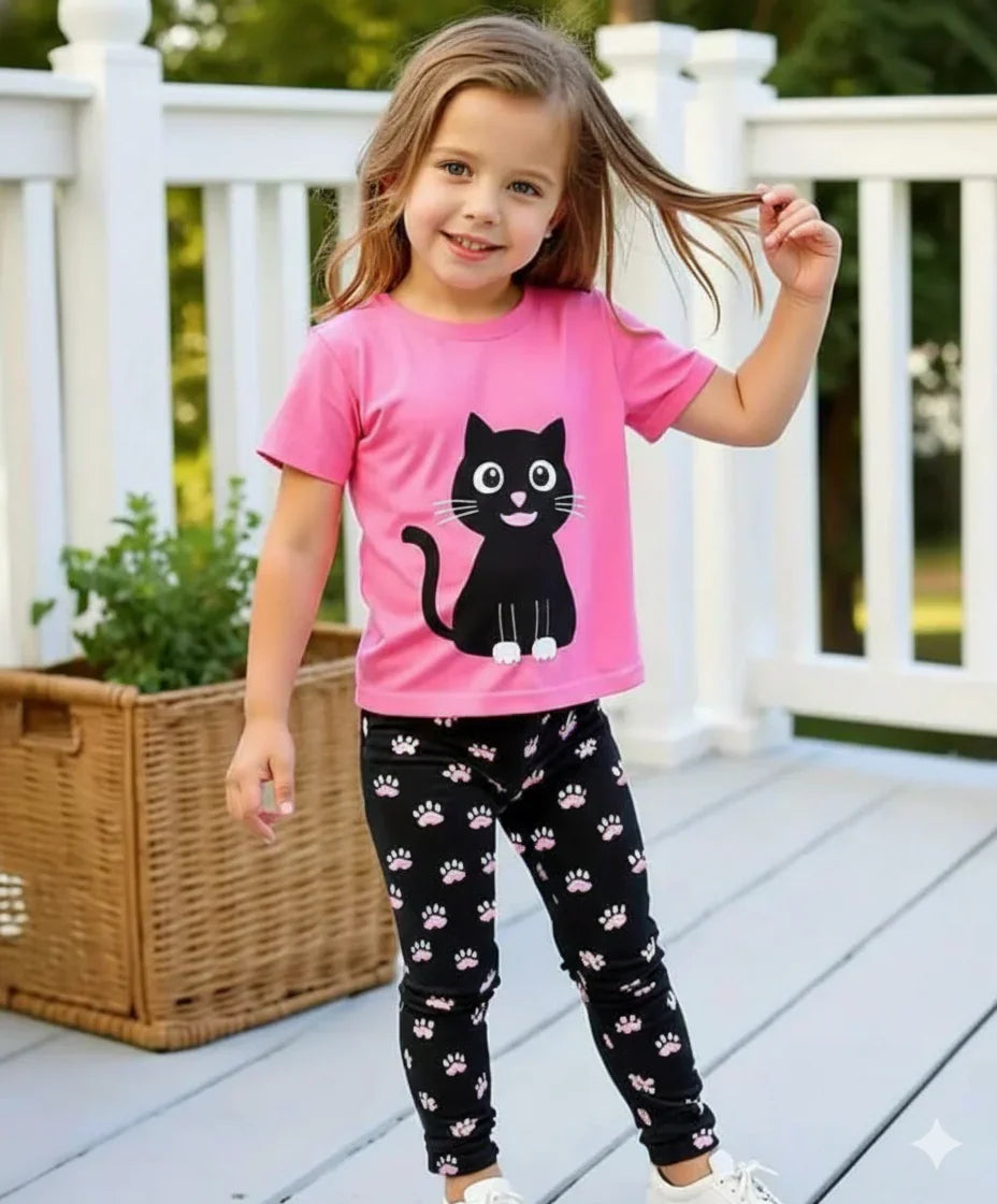 Pink With Black Cat Printed Half Sleeves T-shirt With Black and White Dotted Pajama