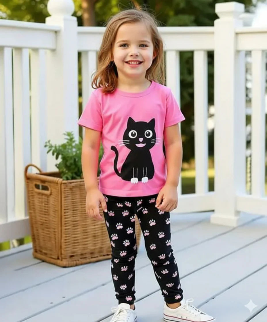 Pink With Black Cat Printed Half Sleeves T-shirt With Black and White Dotted Pajama
