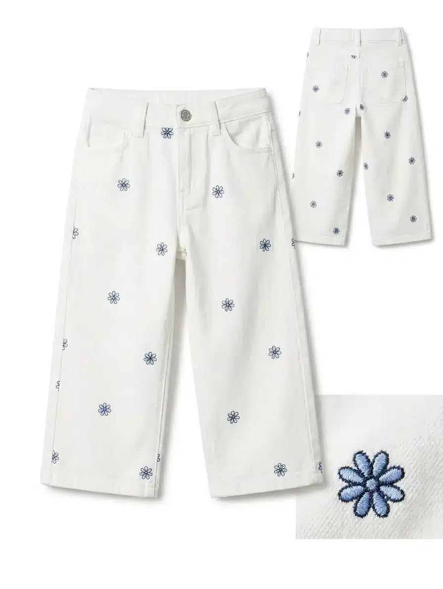 Girls Wide Leg White Embroidered Pants