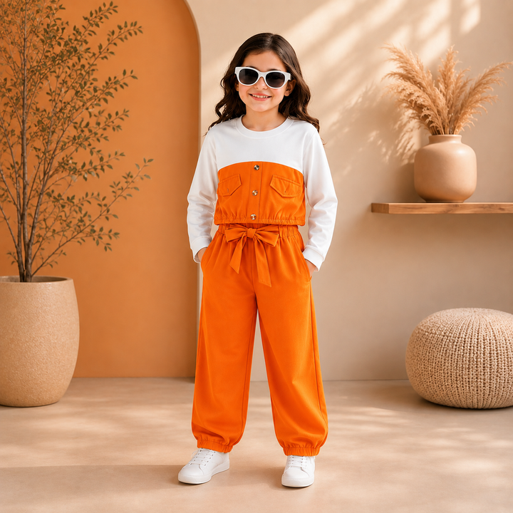 Girls Chic Colorblock Jumpsuit – Bright Orange