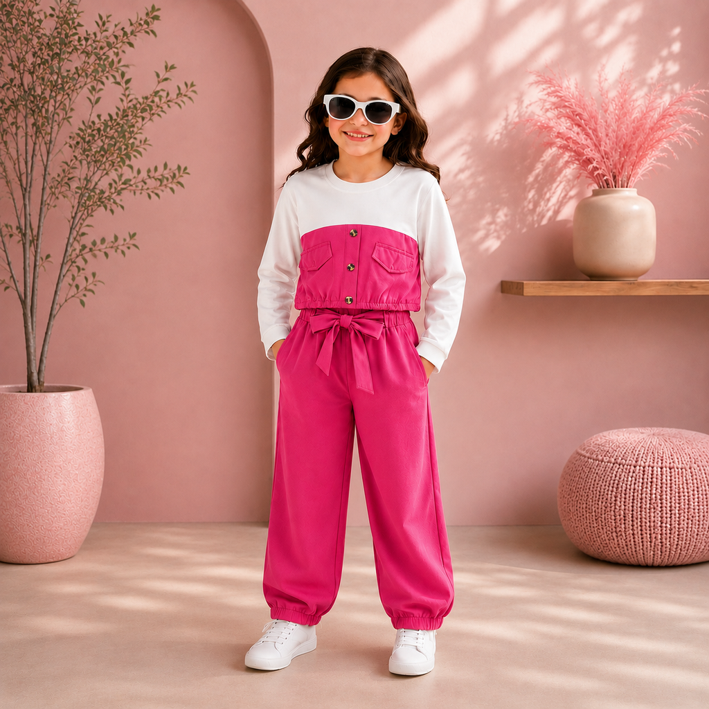 A young girl stands in a styled room wearing a bright pink and white color-blocked jumpsuit with matching pink jogger pants, white sneakers, and white sunglasses. The background is a dusty pink wall with decorative plants and a wooden shelf.