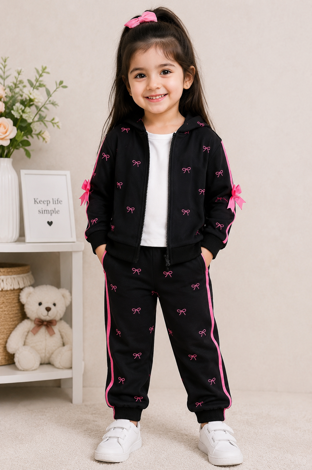 A young girl stands indoors wearing a matching black tracksuit with pink bow prints and pink side stripes, over a white top and white sneakers. The setting includes a shelf with flowers, a framed sign, and a teddy bear against a light neutral wall.
