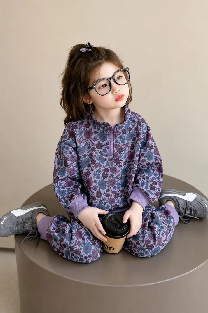A young girl with glasses sits on a round pedestal wearing a purple and blue floral print zip-up sweatshirt and matching sweatpants, holding a coffee cup.