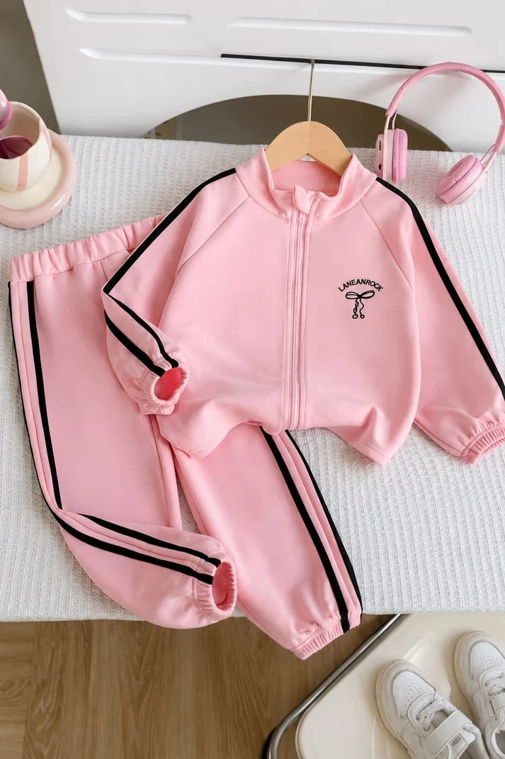 A pink children's zip-up tracksuit set with matching pants, laid flat on a white textured surface. The tracksuit has black double stripes down the sleeves and legs, a black chest graphic, and elastic cuffs and hem.