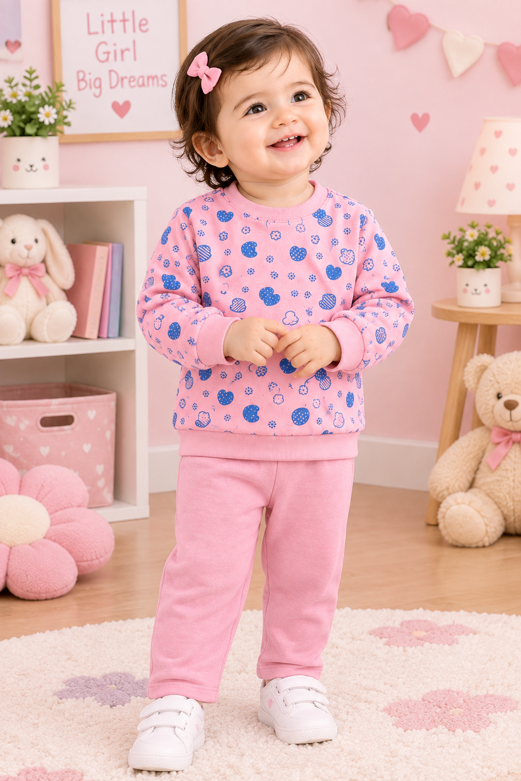 A toddler girl wearing a pink and blue patterned sweatshirt and matching pink sweatpants, standing in a decorated children's room with teddy bears and shelves.