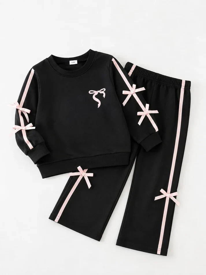 Girls Winter Fleece Ribbon Bow Co-Ord Set – Black & Baby Pink (R-17)