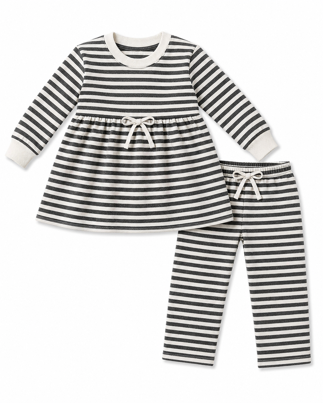 A toddler girl's two-piece clothing set featuring a long-sleeve top and matching pants. The set has a black and white horizontal stripe pattern, with solid white ribbed cuffs, collar, and hem on the top, and a matching elastic waistband with a white drawstring on the pants.