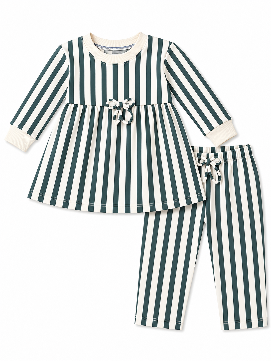 A two-piece children's outfit set featuring a long-sleeve top and matching pants, both with dark green and off-white vertical stripes. The top has a small bow detail at the waist and ribbed cuffs, while the pants have an elastic waist with a matching bow.