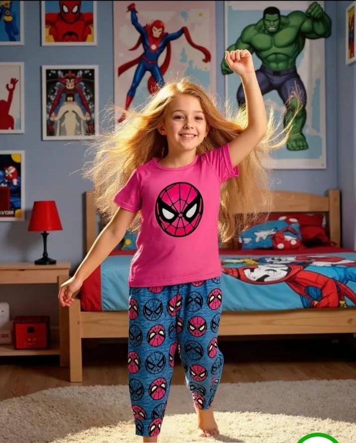 Shocking Pink Spider Girl Printed Kids Suit