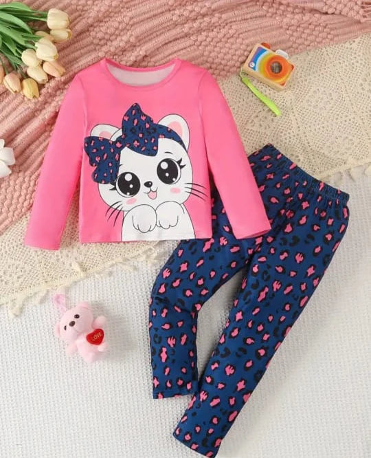 Shocking Pink Cute Kitty with Cheetha Pajama Printed