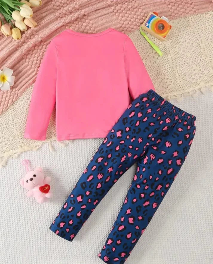 Shocking Pink Cute Kitty with Cheetha Pajama Printed