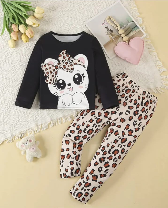 Black Cute Kitty with Cheetha Pajama Printed Kids Suit