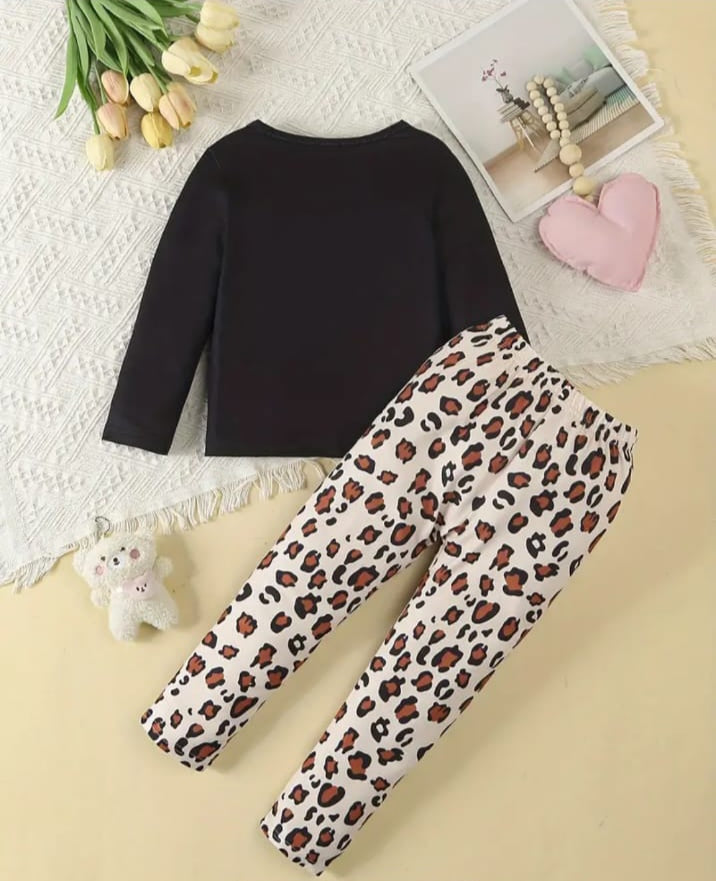 Black Cute Kitty with Cheetha Pajama Printed Kids Suit
