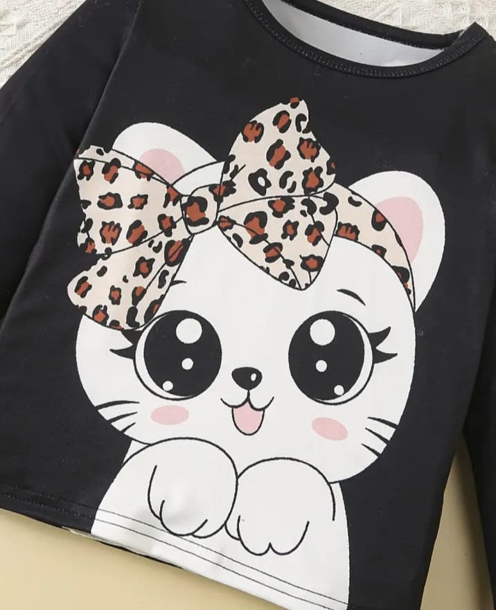Black Cute Kitty with Cheetha Pajama Printed Kids Suit
