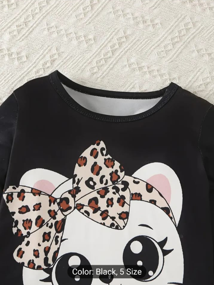 Black Cute Kitty with Cheetha Pajama Printed Kids Suit