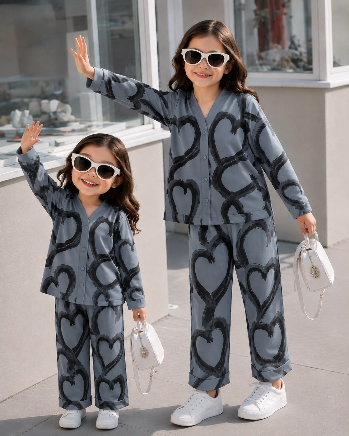 Two young girls wearing matching gray and black heart-patterned lounge sets, standing outdoors and waving. They are wearing white sunglasses and carrying small white handbags.