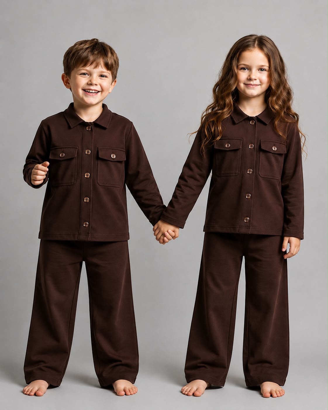 Two children standing barefoot and holding hands, wearing matching dark brown long-sleeve button-front shirts and wide-leg pants against a light gray studio background.