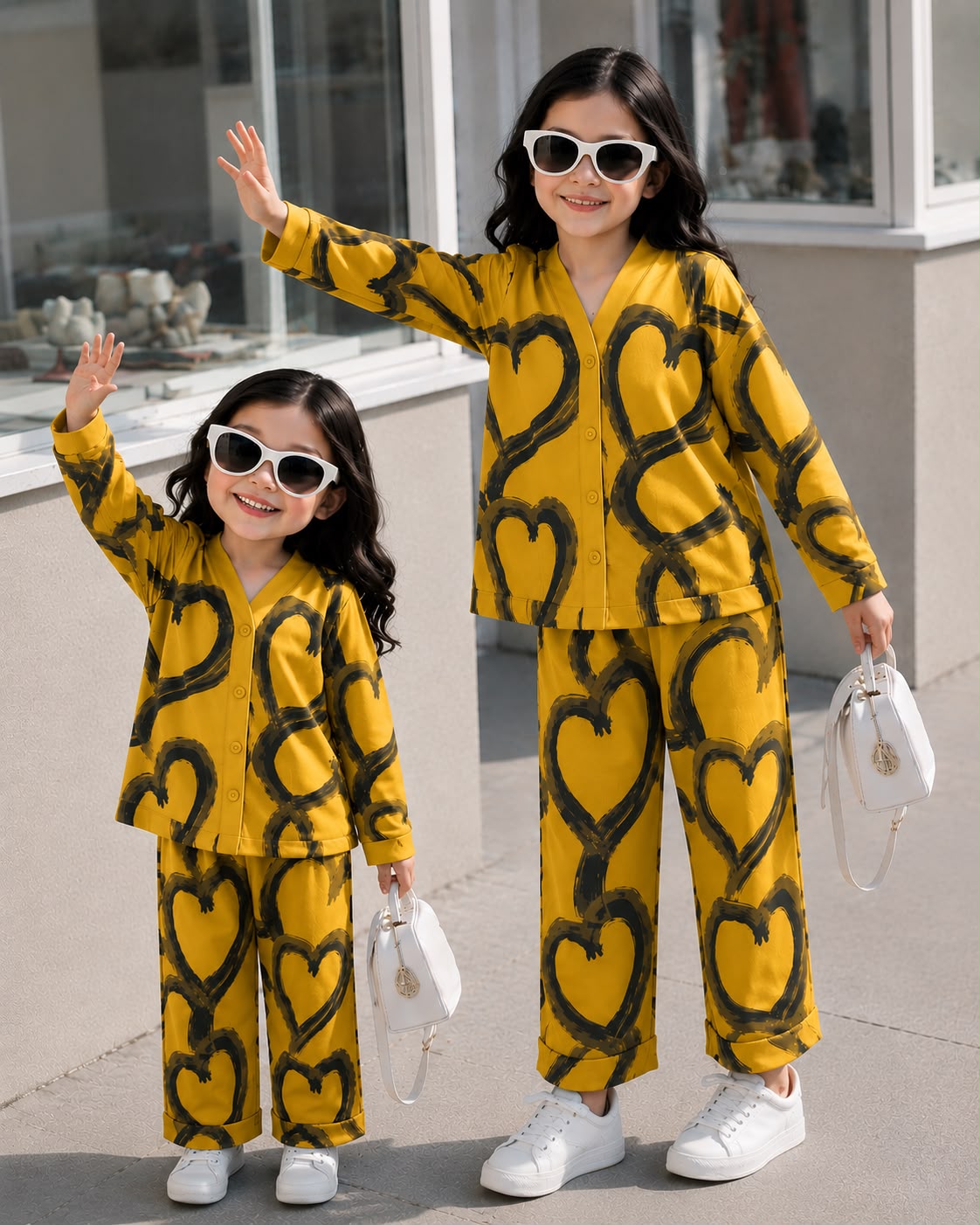 A young girl wearing matching yellow and black heart-patterned lounge sets, standing outdoors in front of a building. Both are wearing white sunglasses and carrying small white handbags.