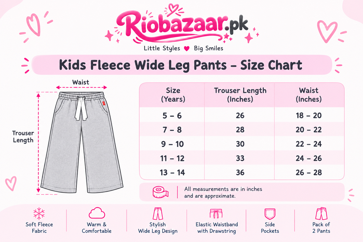 A size chart graphic for Riobazaar.pk Kids Fleece Wide Leg Pants, showing a waist measurement diagram and a size table with trouser length and waist measurements for children from 5-6 to 13-14 years.