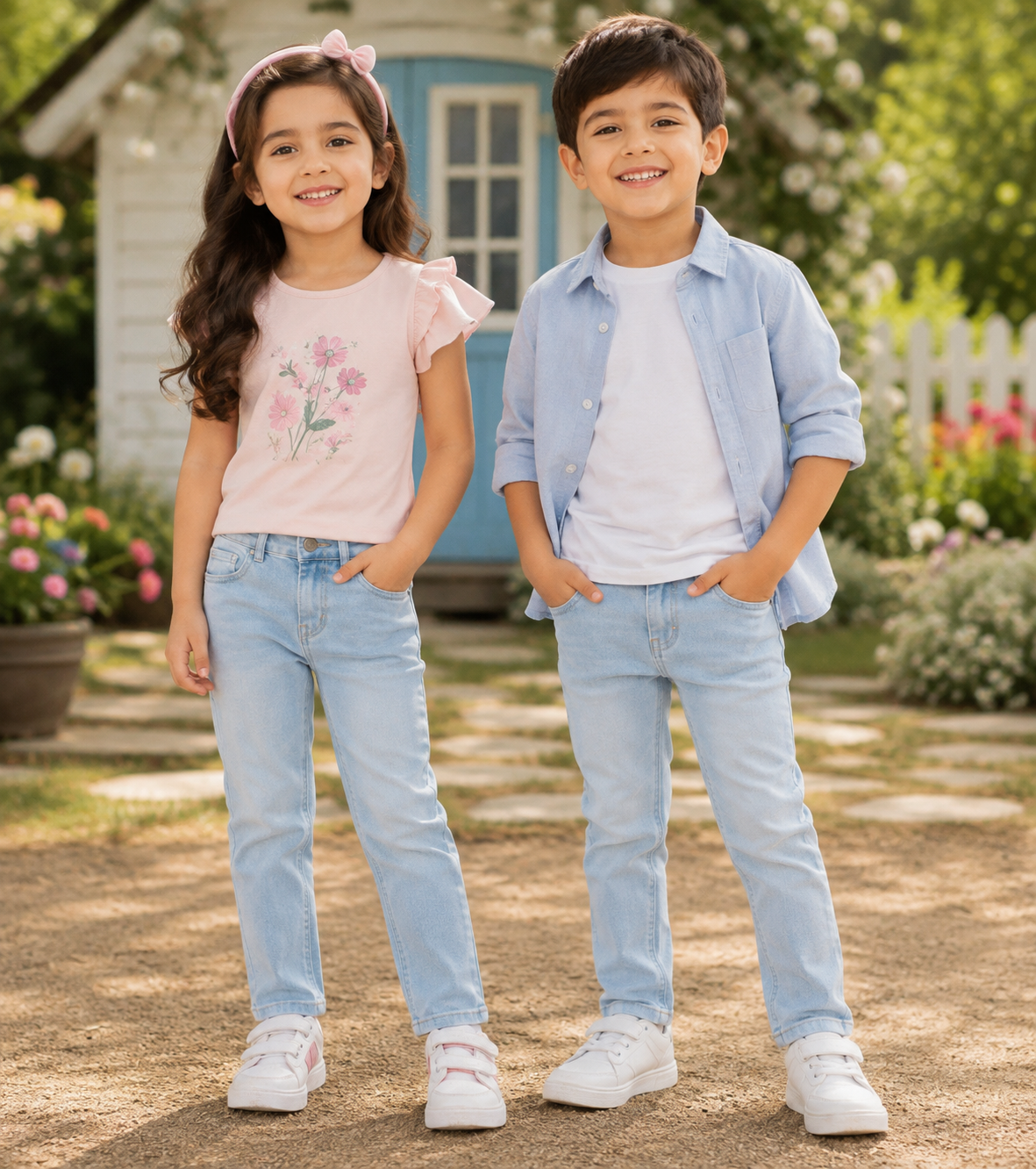 A young girl and boy standing together in a garden setting. The girl wears a light pink ruffle-sleeve t-shirt with a floral print, light-wash blue jeans, and white sneakers.