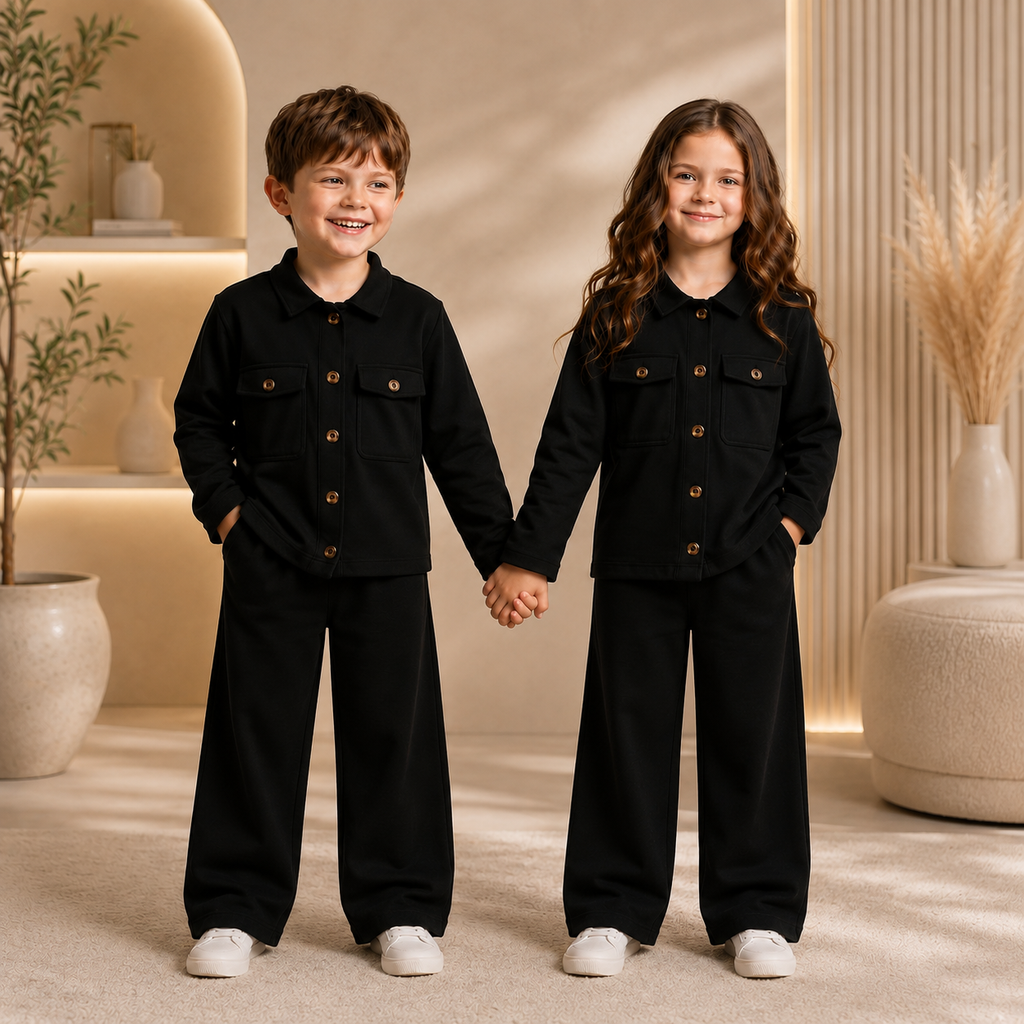 Two children standing indoors and holding hands, wearing matching black button-front long-sleeve tops and wide-leg pants with white sneakers. The room has warm beige walls, shelves, plants, and decorative dried grass in a vase.