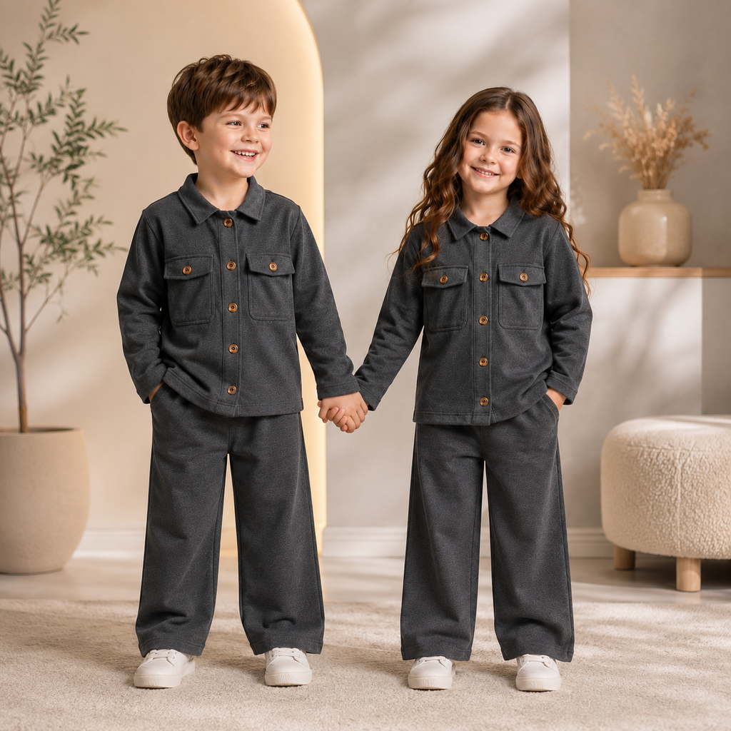 Two children standing indoors and holding hands, wearing matching dark charcoal gray two-piece outfits with button-front collars and wide-leg pants. The room has warm neutral walls, a plant, a vase, and a round ottoman.