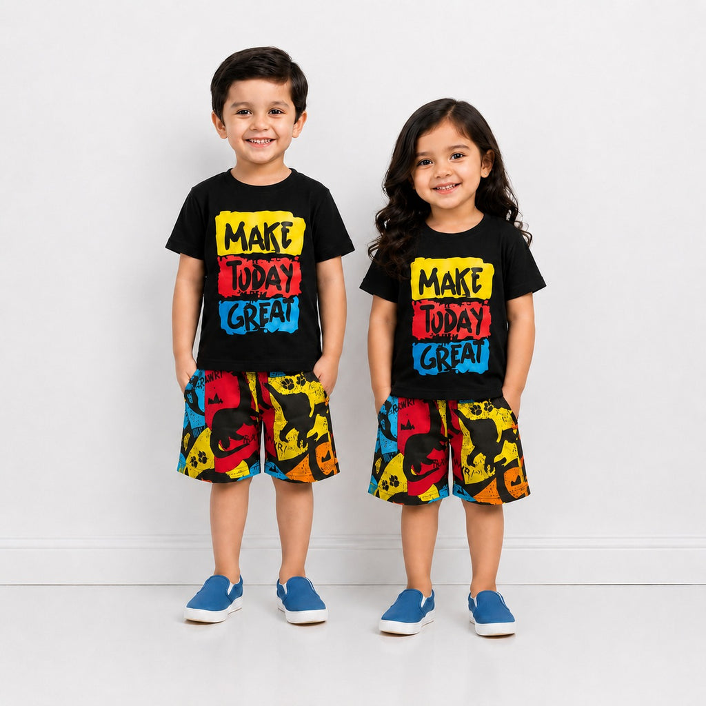 Kids Summer Graphic Tee & Shorts Set – Black