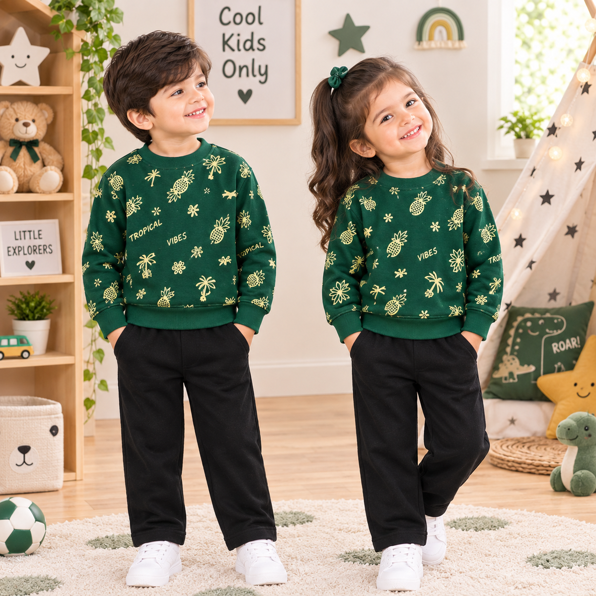 A boy and a girl standing in a children's playroom, wearing matching dark green crewneck sweatshirts with a light green pineapple pattern and black pants.