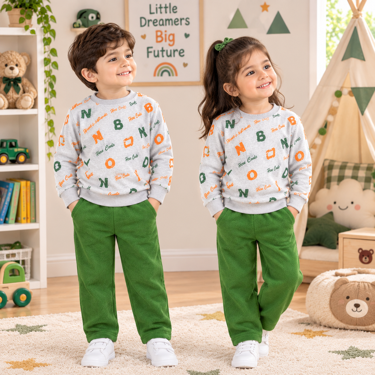 A young boy and girl standing side by side in a child-friendly room, wearing matching light gray sweatshirts with colorful alphabet prints and solid green pants.