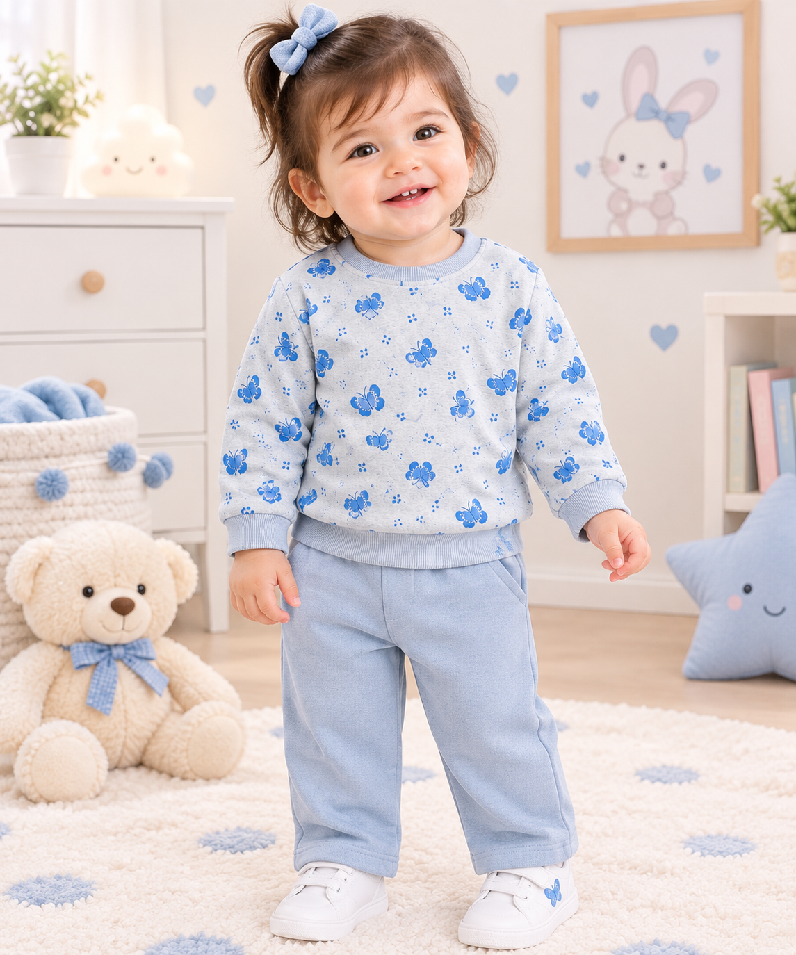 A toddler girl stands smiling in a nursery setting, wearing a light blue long-sleeve top with a blue butterfly pattern and matching light blue pants.
