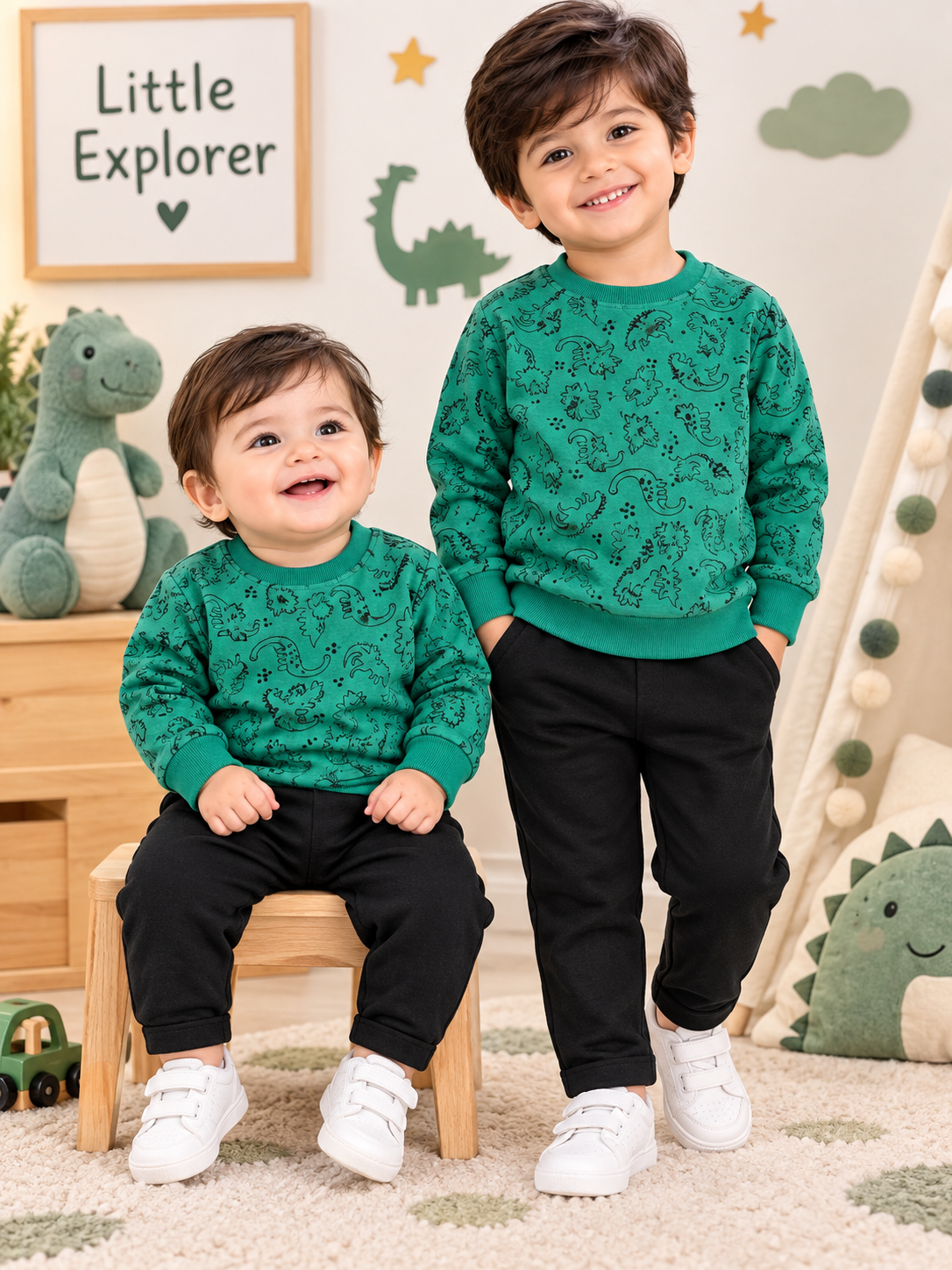 Kids Unisex Winter Fleece Dinosaur Printed Sweatshirt Set – Emerald Green & Black