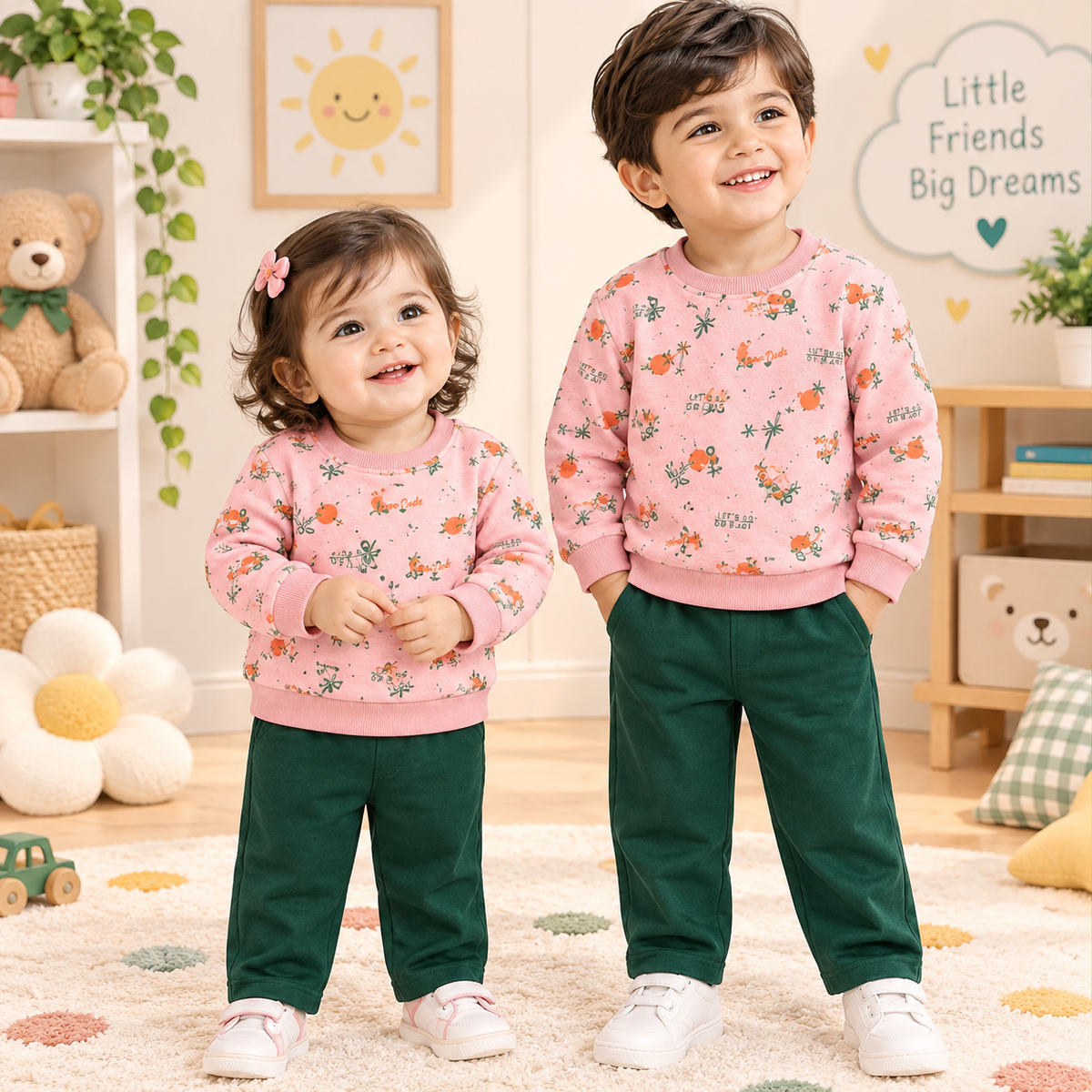 Two toddlers standing in a brightly lit nursery, wearing matching pink floral long-sleeve sweatshirts and dark green pants. The child on the left wears pink sneakers, and the child on the right wears white sneakers.