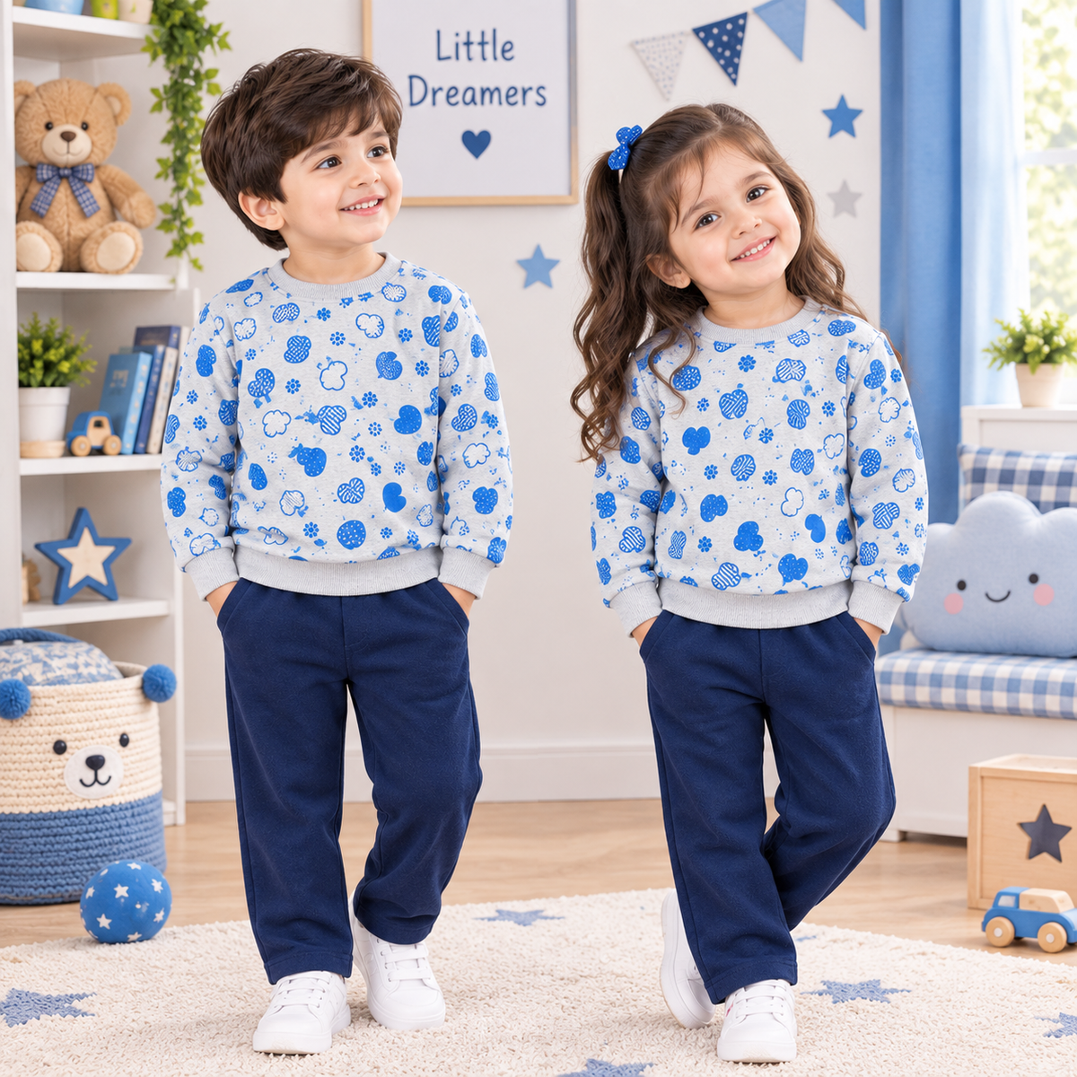 Kids Unisex Winter Fleece Printed Sweatshirt Set – Grey & Royal Blue