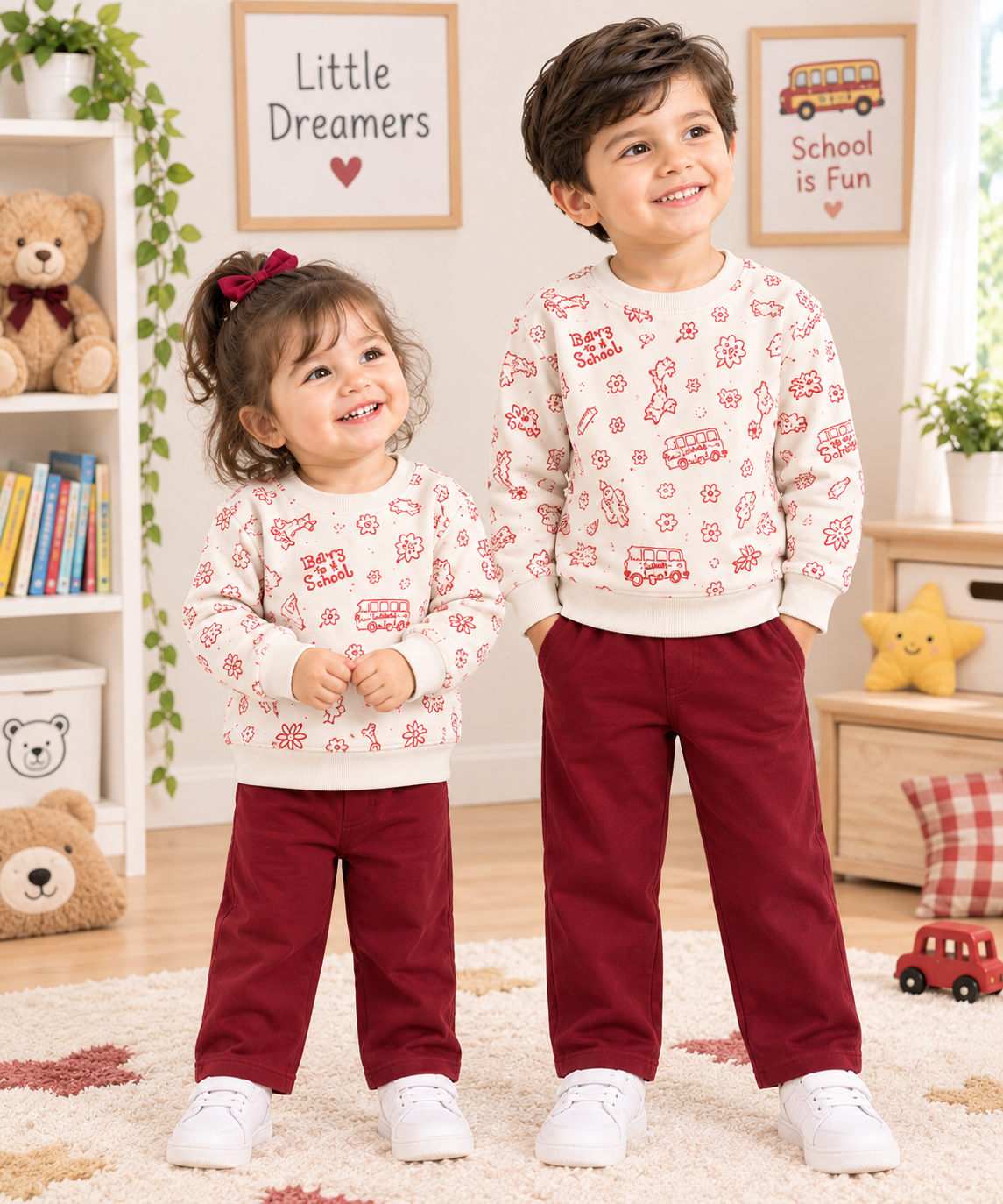 A toddler girl and an older boy stand together in a child-friendly room, wearing matching cream sweatshirts with a red cartoon pattern and dark red pants.