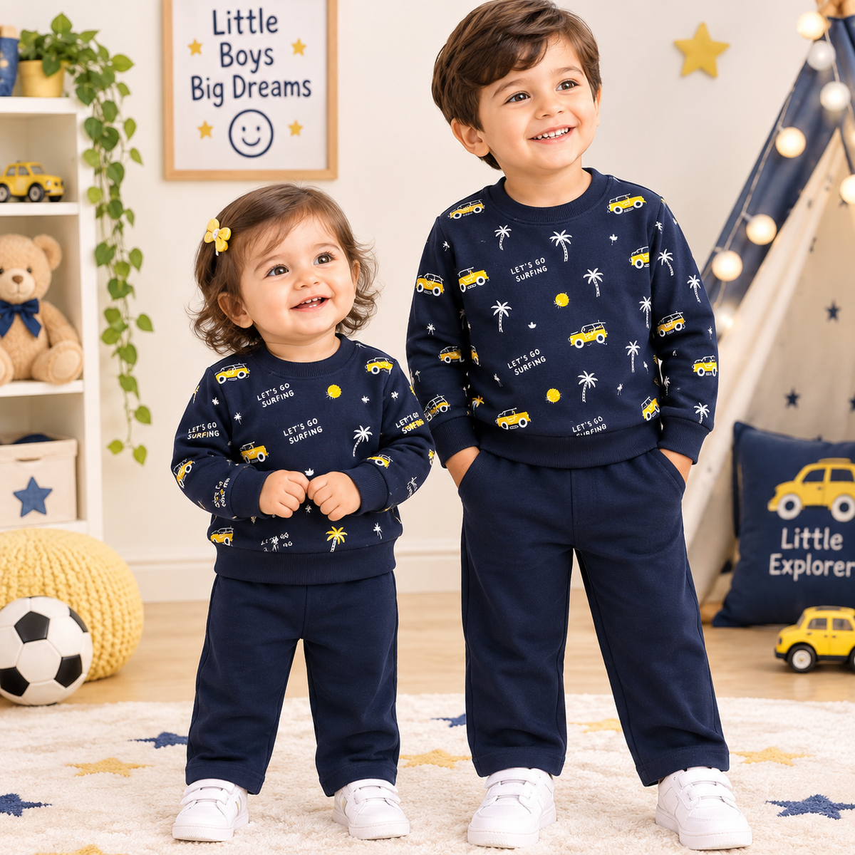Two children wearing matching navy blue sweatshirt and pants sets with yellow and white car and palm tree prints, standing in a decorated children's room.