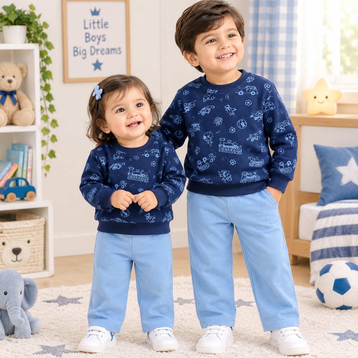 Two children standing in a bright nursery setting, wearing matching navy blue sweatshirts with a white train pattern and light blue pants.