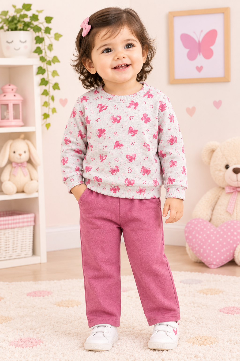 A toddler girl stands in a nursery wearing a light pink long-sleeve sweatshirt with a pink bow pattern and magenta pants. She is smiling and posing in a room decorated with a teddy bear, a bunny plush, and a butterfly picture frame.