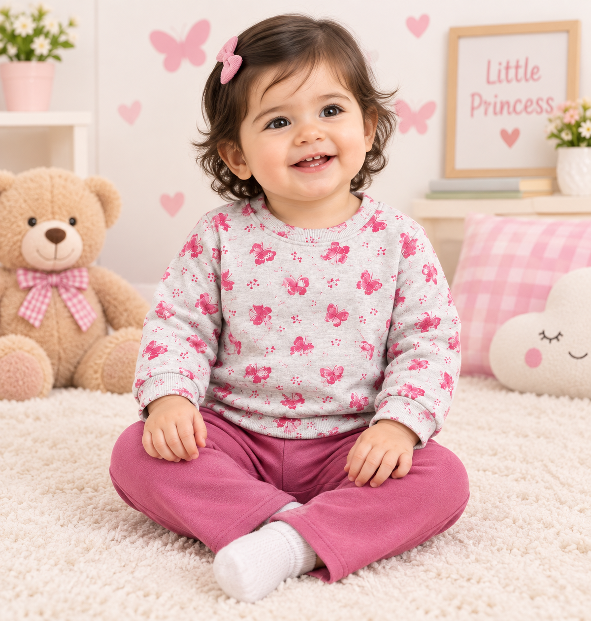 A smiling toddler girl sits cross-legged on a fluffy cream rug in a decorated nursery. She is wearing a light gray long-sleeve top with pink bow and floral prints, paired with magenta-pink pants and white socks.