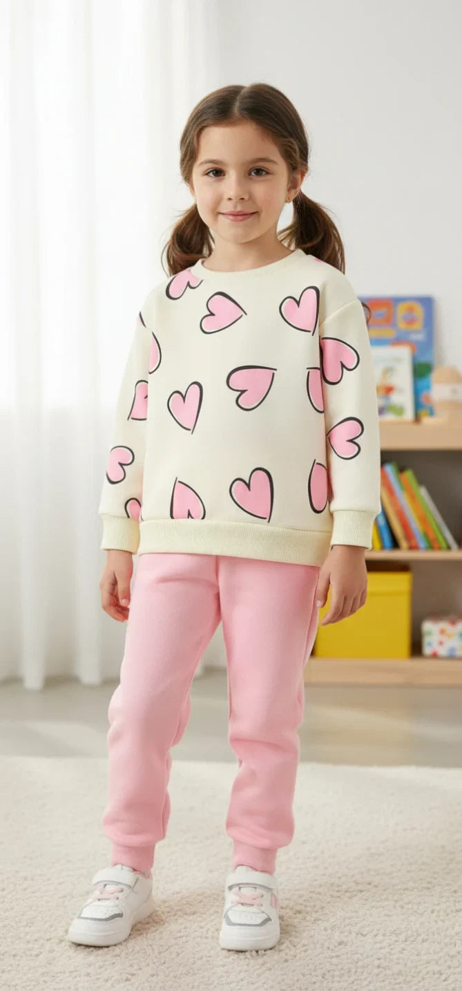 A young girl stands in a brightly lit room wearing a cream sweatshirt with pink hearts and light pink sweatpants.