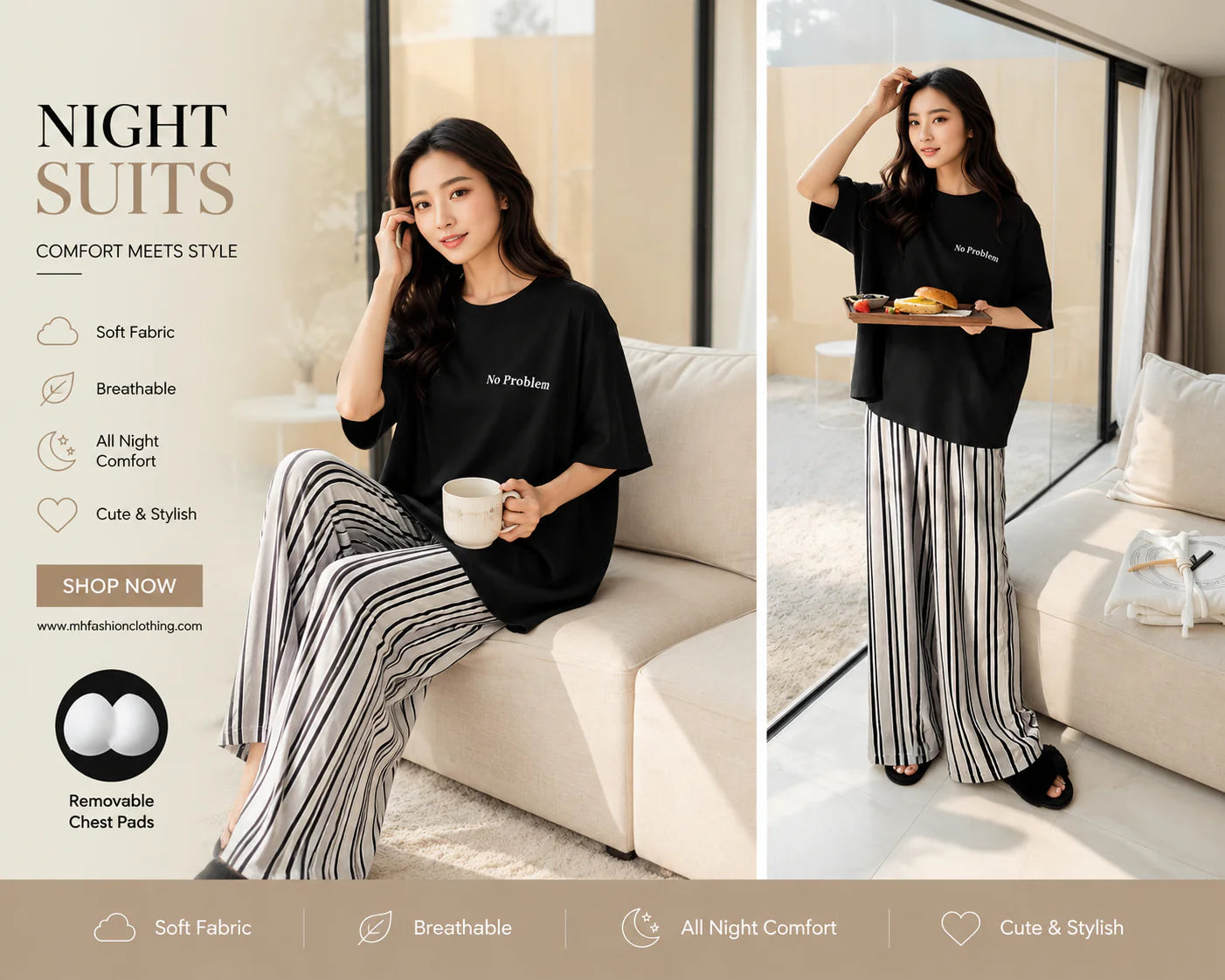A woman modeling a two-piece night suit consisting of a black short-sleeve t-shirt with a small white chest logo and black-and-white vertically striped wide-leg pants, shown in a split lifestyle layout with text callouts on the left.