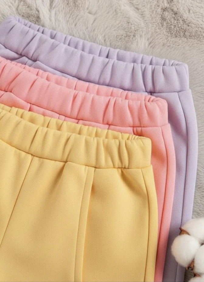 Three pairs of pastel-colored sweatpants stacked diagonally on a soft gray textured surface. The closest pair is yellow in the foreground, followed by pink, and the furthest pair is light purple/lavender.