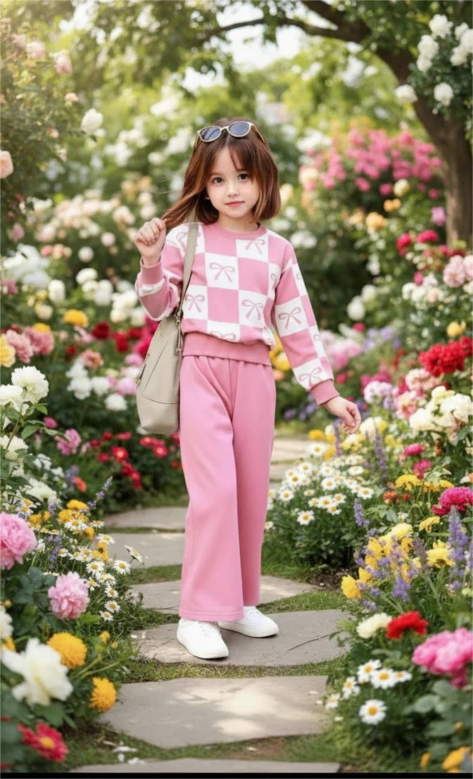 A young girl stands in a flower garden wearing a pink and white checkered long-sleeve top, pink wide-leg pants, white sneakers, and carrying a beige shoulder bag.